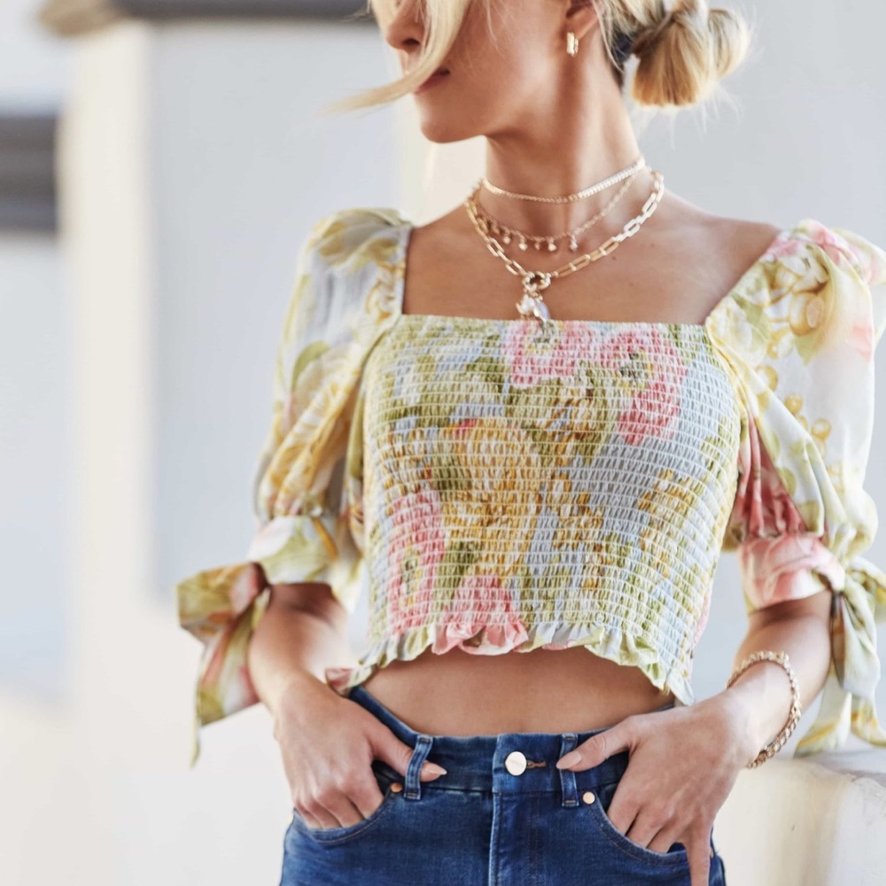 Express Peasant Floral Flowers Crop Top Blouse Shirt Accordion Stretchy Blue